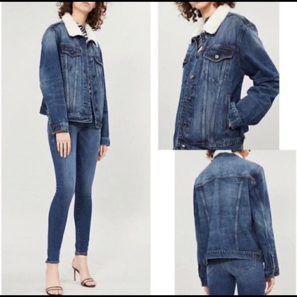 Good American denim jacket trucker‎ 0/1 boyfriend Sherpa collar Whiskering NWT